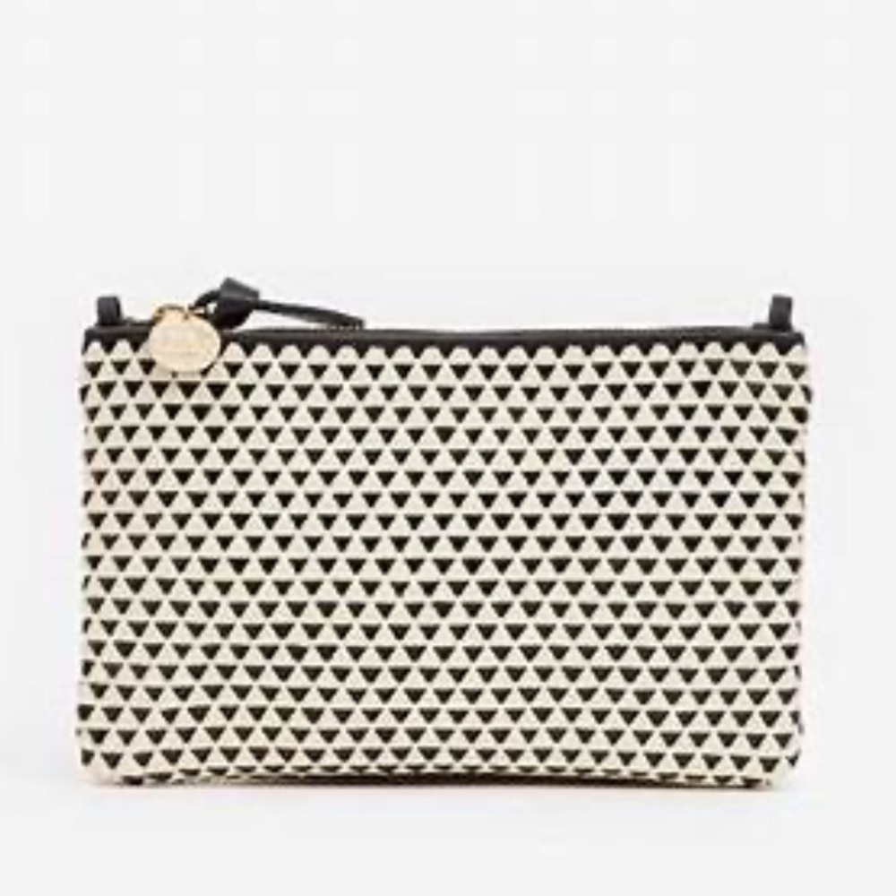 Clare V Wallet Clutch with tabs in Black and Cream woven triangle
